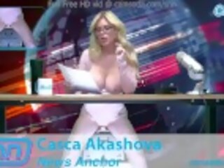 Grown Big Tits feature rides the sybian while reading news stories